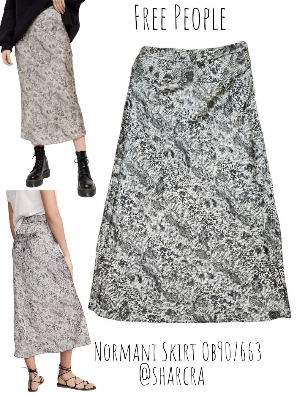 Free People women Normani Skirt OB907663 Midi Satin Snakeskin Print Grey Combo 2